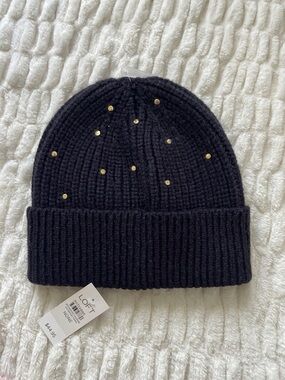 LOFT Navy Blue Studded Ribbed Knit Beanie NWT Gold Embellished Cuff Hat